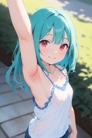 ((ultra-detailed)), ((best quality)), ((best quality)), ((beautiful eyes)), ((extremely detailed)), 4K, (8K), best quality, (beautiful), 1girl, solo, upper body, (looking at viewer:1.3), pov, from side, (reaching towards viewer:1.3), standing, green hair, medium hair, hair down, red eyes, smile, petite, (sleeveless),  sleeveless, camisole, ((dawn blouse)), loose front, cutie shirt, arm up, ((armpit)), denim shorts, outdoors, ((camisole)), arm up,ichika