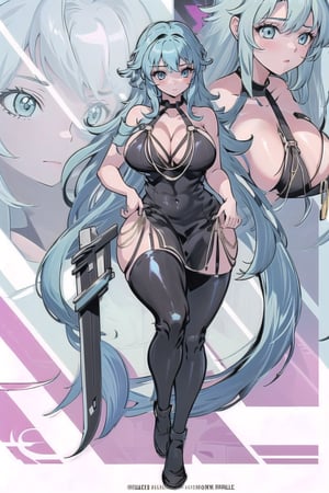 A cute girl with long light blue hair, perfect chest and perfect butt with big thighs in tight black stockings, dressed in a cute black modakawa dress while showing off her legs in a mansion. with a long thin sword in his hands