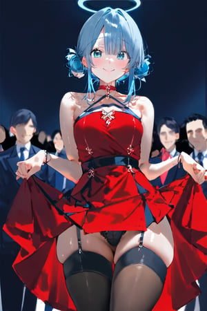 A cute girl with long light blue hair, perfect chest and perfect butt with big thighs in tight black stockings, dressed in a cute red dress while lifting her skirt showing her underwear in a square surrounded by people