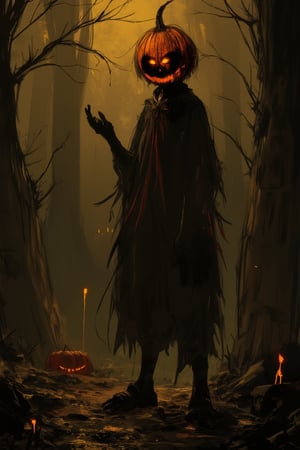 male Pumpkin Jack on Halloween night, scarry forest
