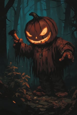 male Pumpkin Jack on Halloween night, scarry forest
