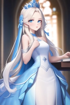 queen bonjourno, strong personality, longhair wearing gown , light_blue_eyes,human_lip  ,SAM YANG
