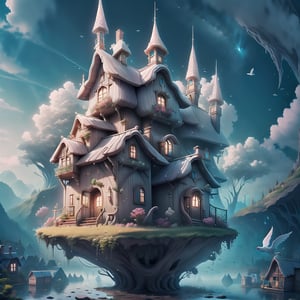 cottage house floating in the sky ,fantasy00d