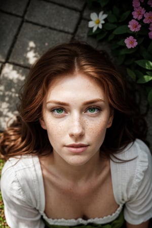 photo, rule of thirds, dramatic lighting, medium hair, detailed face, detailed nose, freckles, redhead, 30 year old, realistic green eyes, sexy smile,realism,realistic body,woman,portrait,photorealistic,analog, woman sleep into the garden,rest on the floor, green garden, flower on the ground, wearing white skirt, look at the objective, 4k, ultra detailed