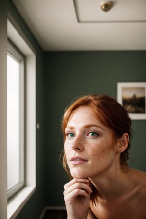 photo, rule of thirds, dramatic lighting, medium hair, detailed face, detailed nose, freckles, redhead, 30 year old, realistic green eyes, sexy smile,realism,realistic body,woman,portrait,photorealistic,analog, A real estate agent visits an empty apartment and writes his estimate of the property on a notebook, medium framing, golden light, realistic photo