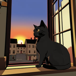 high quality, close up, portrait, vidgame05_xl, 1cat, window behind, inside house, sunset, Vintage town,nodf_xl