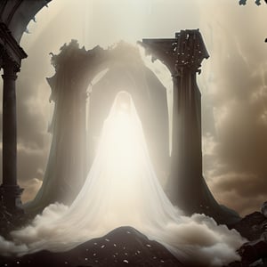 high quality, lghtshft_lora, glowing, 1 male wearing cloak, floating, inside abandoned throne, heaven, clouds, vintage, ruins, dark, dim,nodf_xl