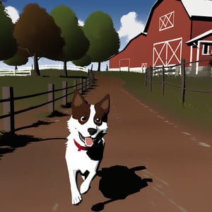 high quality, long shot, vidgame05_xl, 1dog, lots of fur,
brown and white, happy, running, farm,more detail XL,nodf_xl