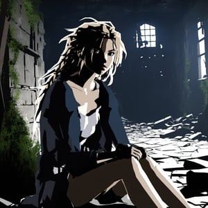 portrait, solo, girl, weak, shabby clothes, messy hair, dirty, sitting, inside abandoned dungeon, overgrown, dark, dim, overgrown, Medieval era,vidgame05_xl,nodf_xl