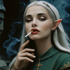 nodf_xl, high quality, 1girl elf, mouth hold, cigarette, smoking, holding cigarette, solo, Medieval era, temple
