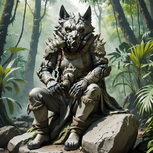 anthropomorphic wolf warrior, sitting on a stone, middle of jungle, cpfmask_xl-cmplx, nodf_xl, gas mask