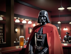 high quality, xl_cpscavred, nodf_xl, Darth Vader, inside Saloon Bar, wearing red poncho, cowboy hat,vidgame05_xl,more detail XL