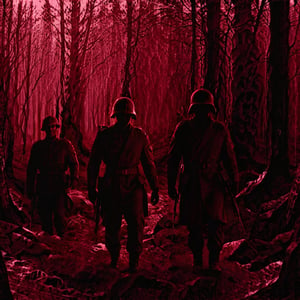 high quality, nodfrg_xl, red grunge, VHS, dark, grain, grainy,
3 soldiers, at the back, walking, dystopia, apocalyptic forest