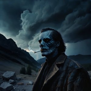 intricate details, scars-xl, scar, mouth hold, cigarette, smoking, close up, portrait of 1 colossal ghoul, old, wrinkle, in abandoned rocky mountains, Nimbostratus clouds behind, dark, nighttime, hazy,holding cigarette,nodf_xl,Expressiveh