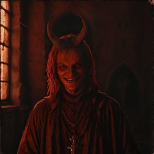 high quality, detailed, close up, portrait, nodf_xl, nodfrg_xl, red grunge, 1man,
long demonic horns, empty castle wall, robe, dirt, shabby, grin, long messy hair,
malevolent, rictus, sharp demon teeth, agape smile, fangs, pointed demonic teeth,more detail XL