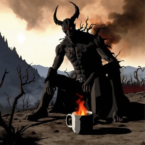 looking away, demonic creature, red eyes, enraged, angry, mad, dirty, sitting, coffee mug on the ground, on a burning mountain, land of decay, dead plants, ground is on fire, dark skies, dark, dim, overgrown