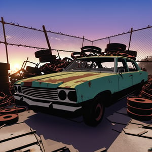 high quality, close up, portrait, nodf_xl, vidgame05_xl, abandoned old junk car, rust, in junkyard, pile of junk, sunset, cyclone fence front,digital artwork by Beksinski