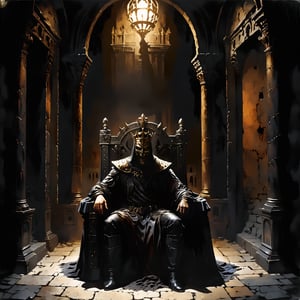 nodf_xl, high quality, a king sitting on throne, face covered with gold helm, red eyes, furious, enraged, dark abandoned kingdom