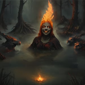 high quality, flaming head, 1witch, creepy, grin, malevolent, rictus, sharp demon teeth, agape smile, solo,
lurking, drowning, in the swamp, creek, dark, realistic, horror/(theme),flaming hair,more detail XL