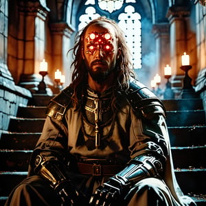 high quality, 1knight, xl_cpscavred, robot, in a cloister, Medieval, sitting on stairs, long beard, messy hair, dark, damaged, half-body view, white robe,nodf_xl,Extremely Realistic