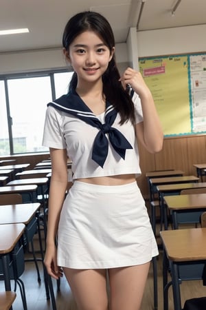 girl standing in school classroom,sailor shirt,micro mini skirt,through white panty,18-year-old,bangs,a little smiles,thighs,crotch,knees,short cut hair,ponytail,from below,acjc