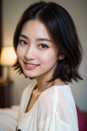 (8k,  best quality,  masterpiece,  ultra high res,  highly detail face:1.3),  portrait,  (20 years old girl:1.3),  beautiful,  kawaii,  (very wide shot :1.2),  (short hair :1.3),  dark hair,  ((bob)),  clothes,  from front,  (smile :1.2), sweat ,  (morning:1.3), on the bed,  jmf,  jml, 