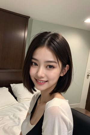 (8k,  best quality,  masterpiece,  ultra high res,  highly detail face:1.3),  portrait,  (20 years old girl:1.3),  beautiful,  kawaii,  (very wide shot :1.2),  (short hair :1.3),  dark hair,  ((bob)),  clothes,  from front,  (smile :1.2), sweat ,  (morning:1.3), on the bed,  jmf,  jml, 