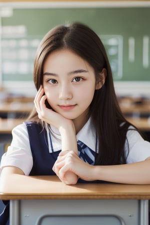 Highquality,realistic,1girl,school_uniform,sittingat the school desk,school background ,Korean,beautiful eyes,
,Realism,Portrait