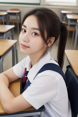 Highquality,realistic,1girl,school_uniform,sittingat the school desk,school background ,Korean,beautiful eyes,
,Realism,Portrait,ponytail, 18-year-old