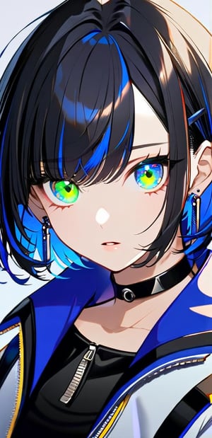 1girl, solo, looking at viewer, short hair, bangs, blue eyes, black hair, gloves, jewelry, green eyes, blue hair, jacket, upper body, multicolored hair, earrings, parted lips, choker, black gloves, collar, glowing, black choker, portrait, zipper, multicolored eyes,NJI BEAUTY,Eyes,Beautiful eyes