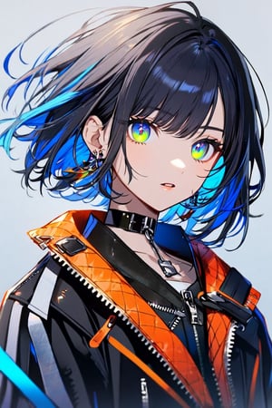 1girl, solo, looking at viewer, short hair, bangs, blue eyes, black hair, gloves, jewelry, green eyes, blue hair, jacket, upper body, multicolored hair, earrings, parted lips, choker, black gloves, collar, glowing, black choker, portrait, zipper, multicolored eyes,NJI BEAUTY,Eyes,Beautiful eyes