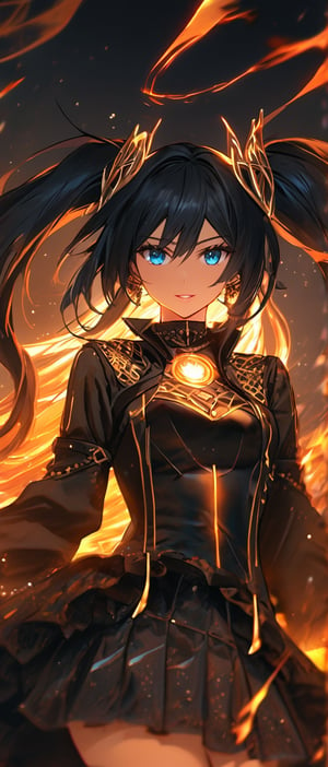 In a masterpiece 8K composition, Black Rock Shooter sits majestically on a bed, surrounded by warm, golden lighting. Her long, flowing twintails cascade down her back like a fiery waterfall. Her piercing blue eyes gleam with intensity as she gazes directly at the viewer, her parted lips and gentle smile inviting us in. The flame that crackles beside her casts a mesmerizing chromatic aberration effect, highlighting her striking features. She wears a miniature skirt, black boots, and black gloves, showcasing her toned physique. The camera captures every detail of her beautiful best beauty, from the subtle curve of her breasts to the intricate design on her jacket. 🔥👀