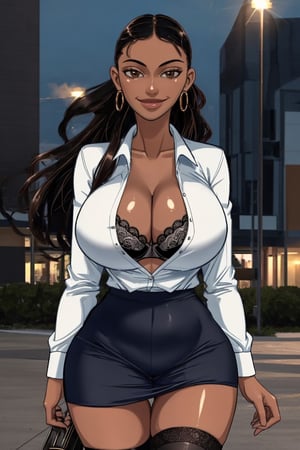 high quality:1.1), intricate details, cinematic lighting, 1girl, mature female, milf, solo, standing,masterpiece,detailed body, hourglass figure,best quality,kpmoniquev1, kpmoniquev1 ,shiny,school uniform, black bra, white shirt, open clothes, plaid skirt, thighhighs,curvy, huge breasts, cleavage, lace,outdoors, park, day,thigh gap,wide thigh gap,cowboy shot, solo, bright lighting, smirk, dark skin,mature_female, body facing viewer,looking_at_viewer,annpossible