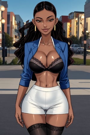 high quality:1.1), intricate details, cinematic lighting, 1girl, mature female, milf, solo, standing,masterpiece,detailed body, hourglass figure,best quality,kpmoniquev1, kpmoniquev1 ,shiny,school uniform, black bra, white shirt, open clothes, plaid skirt, thighhighs,curvy, large breasts, cleavage, lace,outdoors, park, day,thigh gap,wide thigh gap,cowboy shot, solo, bright lighting, smirk, dark skin,mature_female, body facing viewer,looking_at_viewer,annpossible