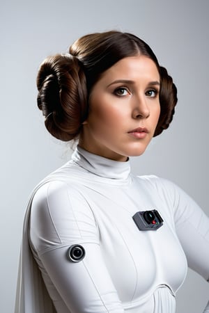 Hyperrealistic masterpiece in 4K resolution: sexy and young (Princess Leia's iconic figure:1.4) is framed with photographic precision against a (plain white background :1.4), (wearing space-ship suit:1.2), utilizing the 2/3 rule to emphasize her majestic form. Soft, realistic lighting illuminates every curve and contour, as if plucked from reality itself. Her hair, creases, and shadows are meticulously rendered in photorealistic detail, capturing the essence of a beloved sci-fi legend in an ultrarealistic portrait.