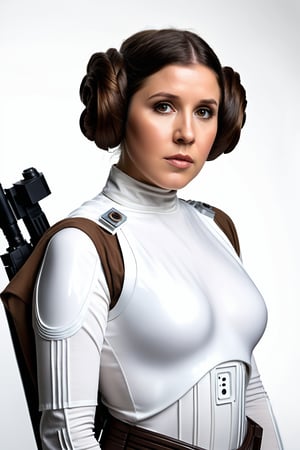 Hyperrealistic masterpiece in 4K resolution: sexy and young (Princess Leia's iconic figure:1.4) is framed with photographic precision against a (plain white background :1.4), (wearing sexy space-suit:1.2), utilizing the 2/3 rule to emphasize her majestic form. Soft, realistic lighting illuminates every curve and contour, as if plucked from reality itself. Her hair, creases, and shadows are meticulously rendered in photorealistic detail, capturing the essence of a beloved sci-fi legend in an ultrarealistic portrait.