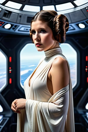 Hyperrealistic masterpiece in 4K resolution: sexy and young (Princess Leia's iconic figure:1.4) is framed with photographic precision against a (space ship as background :1.4), (wearing sexy sci-fi dress:1.2), utilizing the 2/3 rule to emphasize her majestic form. Soft, realistic lighting illuminates every curve and contour, as if plucked from reality itself. Her hair, creases, and shadows are meticulously rendered in photorealistic detail, capturing the essence of a beloved sci-fi legend in an ultrarealistic portrait.