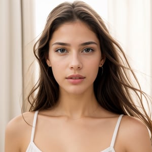 hyperrealistic style, photography, ultrarealistic, masterpiece, 4k, high quality, raw photo, photografic quality, realistic lighting, coherent lighting, 2/3 photographic rule, a realistic closeup portrait of (Pamela Diaz:1.2), a young, slim and beautiful argentinian girl, natural appearance, natural expression, brunette, straight hair, 25-years-old, brown eyes, looking at front, over white plaine background, photorealistic,