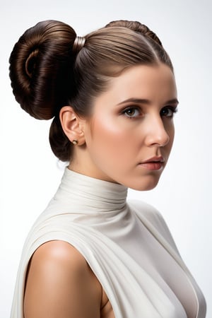 Hyperrealistic masterpiece in 4K resolution: sexy and young (Princess Leia's iconic figure:1.4) is framed with photographic precision against a (plain white background :1.4), (wearing sexy :1.2), utilizing the 2/3 rule to emphasize her majestic form. Soft, realistic lighting illuminates every curve and contour, as if plucked from reality itself. Her hair, creases, and shadows are meticulously rendered in photorealistic detail, capturing the essence of a beloved sci-fi legend in an ultrarealistic portrait.