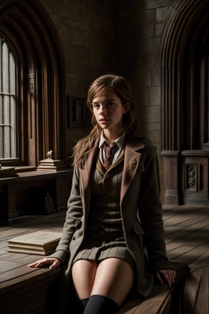 ((hyperrealistic style, photography, ultrarealistic, masterpiece, 4k, high quality, raw photo, photografic quality, realistic lighting, coherent lighting, 2/3 photographic rule)), a realistic full body photo of sexy surprised (Emma Watson:1.2), BREAK, (wearing Hogwarts uniform:1.2), BREAK, (at Hogwarts:1.4), (((photorealistic, midjouney style, realistic))), 