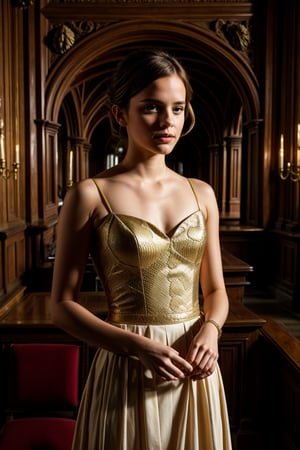 Here's the prompt:

Capture Emma Watson in a photorealistic masterpiece, rendered in stunning 4K resolution. Framed as if looking straight at us, she stands confidently in her Hogwarts school uniform, her slender figure and natural beauty radiating warmth. The realistic lighting, governed by the 2/3 photographic rule, casts a soft, harmonious glow on her features. Surrounded by the majestic coils of a massive snake, Emma's genuine expression remains effortless, conveying a sense of calm amidst the fantastical scene.