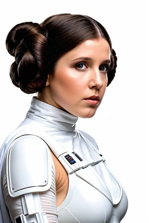 Hyperrealistic masterpiece in 4K resolution: sexy and young (Princess Leia's iconic figure:1.4) is framed with photographic precision against a (plain white background :1.4), (wearing sexy space-suit:1.2), utilizing the 2/3 rule to emphasize her majestic form. Soft, realistic lighting illuminates every curve and contour, as if plucked from reality itself. Her hair, creases, and shadows are meticulously rendered in photorealistic detail, capturing the essence of a beloved sci-fi legend in an ultrarealistic portrait.,Add more details