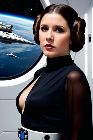 Hyperrealistic masterpiece in 4K resolution: sexy and young (Princess Leia's iconic figure:1.4) is framed with photographic precision against a (space ship as background :1.4), (wearing sexy sci-fi dress:1.2), utilizing the 2/3 rule to emphasize her majestic form. Soft, realistic lighting illuminates every curve and contour, as if plucked from reality itself. Her hair, creases, and shadows are meticulously rendered in photorealistic detail, capturing the essence of a beloved sci-fi legend in an ultrarealistic portrait.