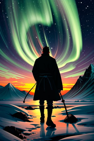 A minimalist design with a vintage touch, featuring a cool, beautiful and stylish anime a male with samurai looking clothes silhouette in faded, full body, camera from the back, awesome and bright colors. , very long hair ,holding a long sword, blindfold, dynamic pose, handsome cute and skins man with long leg, wearing trandition dress, A giant snow Mt.Everest mountain with a cave in tibet, a beautiful sunset sky with crazy auroras, vivid colors, ultra-detailed, best quality, absurdres, masterpiece