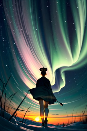 A minimalist design with a vintage touch, featuring a cool, beautiful and stylish anime a female with samurai clothes silhouette in faded, full body, holding a "long grasses" on right hand, camera from the back, awesome and bright colors. , short hair with bun, 20 big leaves flying around her body, dynamic pose, beautiful cute and skins woman with long leg, ,wearing trandition dress, A giant snow Mt.Everest mountain with a cave in tibet, a beautiful sunset sky with crazy auroras, vivid colors, ultra-detailed, best quality, absurdres, masterpiece