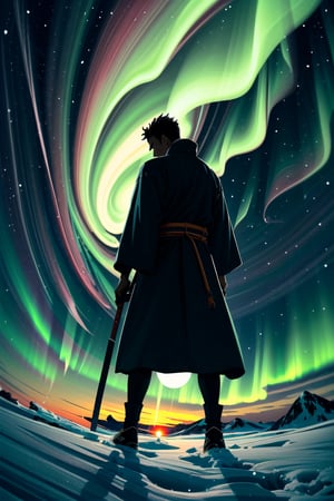 A minimalist design with a vintage touch, featuring a cool, beautiful and stylish anime a male with samurai looking clothes silhouette in faded, very long hair, full body, camera from the back, awesome and bright colors, holding a long sword, with blindfold, dynamic pose, handsome cute and skins man with long leg, wearing trandition dress, A giant snow Mt.Everest mountain with a cave in tibet, a beautiful sunset sky with crazy auroras, vivid colors, ultra-detailed, best quality, absurdres, masterpiece