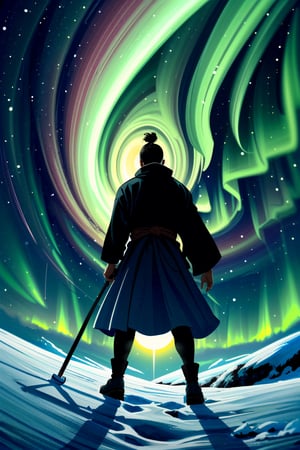 A minimalist design with a vintage touch, featuring a cool, beautiful and stylish anime a male with samurai looking clothes silhouette in faded, very long hair full body, camera from the back, awesome and bright colors. , ,holding a long sword, with blindfold, dynamic pose, handsome cute and skins man with long leg, wearing trandition dress, A giant snow Mt.Everest mountain with a cave in tibet, a beautiful sunset sky with crazy auroras, vivid colors, ultra-detailed, best quality, absurdres, masterpiece