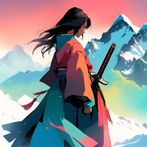 A minimalist design with a vintage touch, featuring a cool, beautiful and stylish anime a female samurai clothes silhouette in faded, camera from the back, awesome and bright colors. holding a sword on right hand, long hair, dynamic pose, beautiful cute and skins woman with long leg, full body, wearing trandition dress, A giant snow Mt.Everest mountain with a cave in tibet, a beautiful sunset sky with crazy auroras, vivid colors, ultra-detailed, best quality, absurdres, masterpiece