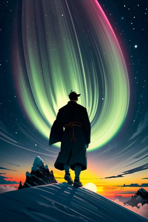 A minimalist design with a vintage touch, featuring a cool, beautiful and stylish anime a male with samurai looking clothes silhouette in faded, full body, camera from the back, awesome and bright colors. , long hair , blindfold, dynamic pose, handsome cute and skins man with long leg, wearing trandition dress, A giant snow Mt.Everest mountain with a cave in tibet, a beautiful sunset sky with crazy auroras, vivid colors, ultra-detailed, best quality, absurdres, masterpiece