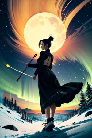 A minimalist design with a vintage touch, featuring a cool, beautiful and stylish anime a female with samurai clothes silhouette in faded, full body, holding a "long grasses" on right hand, camera from the back, awesome and bright colors. , short hair with bun, 20 big leaves flying around her body, dynamic pose, beautiful cute and skins woman with long leg, ,wearing trandition dress, A giant snow Mt.Everest mountain with a cave in tibet, a beautiful sunset sky with crazy auroras, vivid colors, ultra-detailed, best quality, absurdres, masterpiece